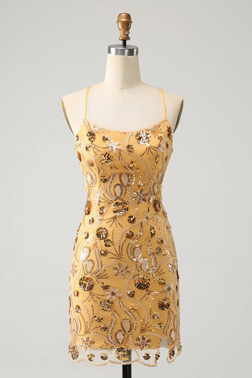 Vestido de cóctel corto ajustado con cuentas y bordado de lentejuelas amarillo